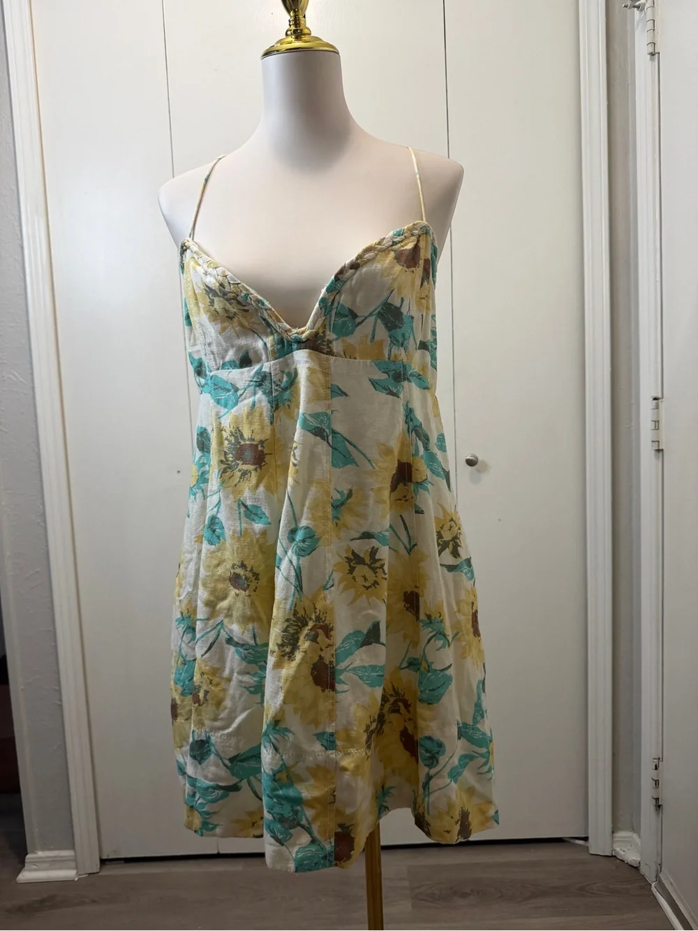 Free People Cream Floral Backless Mini Dress with Teal and Mustard Print - Picture 3 of 9